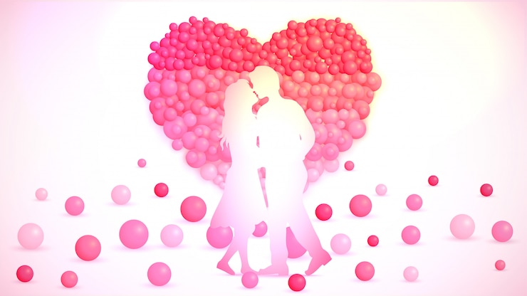 Vector young couple and balloons created heartshape on background. 