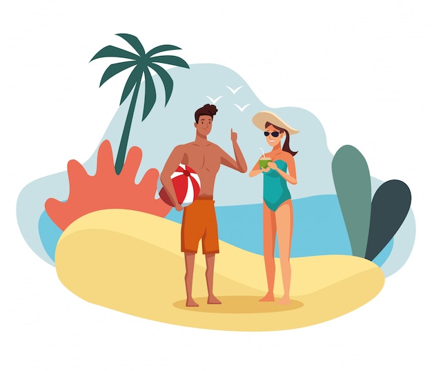 Vector young couple at beach