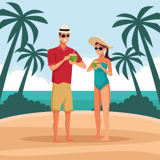 Vector young couple at beach