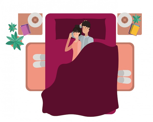 Vector young couple in bed avatar character