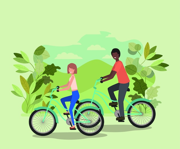 Vector young couple on bicycle in the park