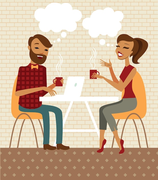 Vector young couple in a cafe