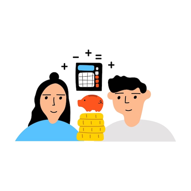 Young couple calculate and save money. Illustration on white background.