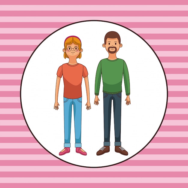 ピンクのストライプの背景に若いカップルの漫画