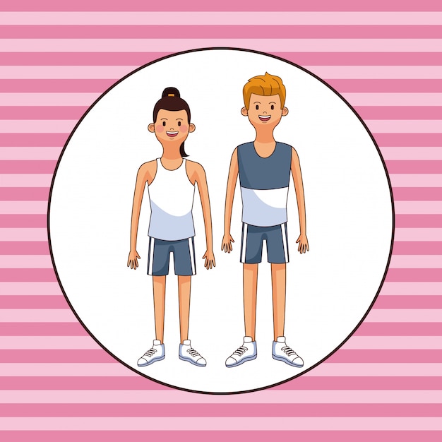 Young couple cartoon over pink striped background 