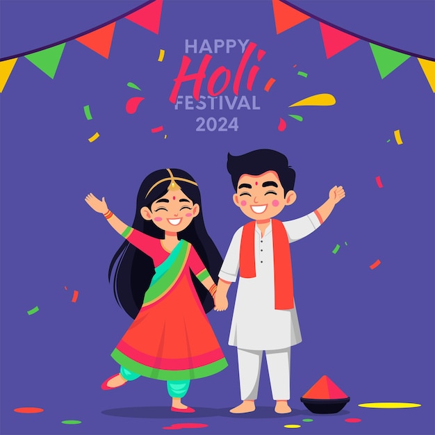 Vector young couple celebrate holi festival