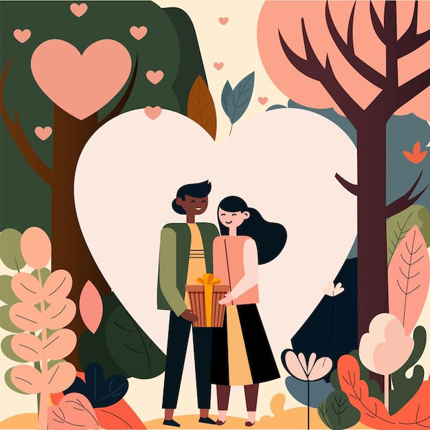 Young Couple Character Holding A Gift Box On Nature Background Valentine's Day Concept