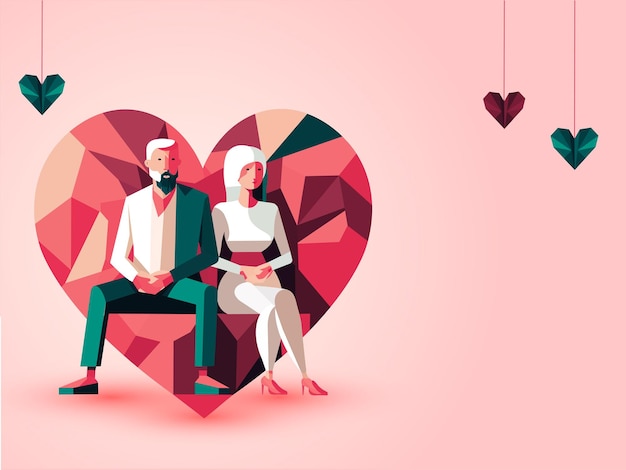 Young couple character in sitting pose and polygon hearts on pink background happy valentine's day concept