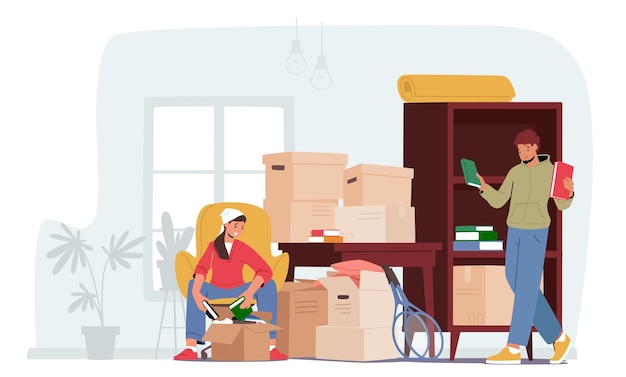 Vector young couple characters moving into new home man and woman unpacking cardboard boxes with books