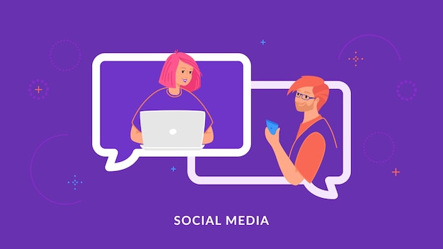 ラップトップとスマートフォンを使用してソーシャルメディアで一緒にチャットとテキストメッセージを送る若いカップル。紫のチャット、コミュニケーション、オンライン会議の吹き出しの人々のフラットラインベクトル図