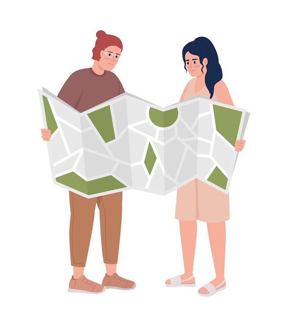 Vector young couple checking route semi flat color vector characters