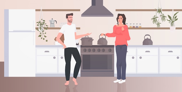 Vector young couple cooking man woman spending time together stay home coronavirus pandemic quarantine concept