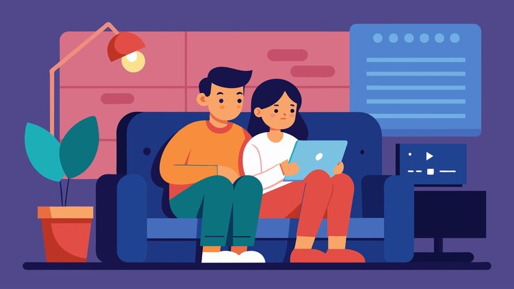 Vector a young couple cuddled up on the couch listens to the sensationalist news hotline instead of