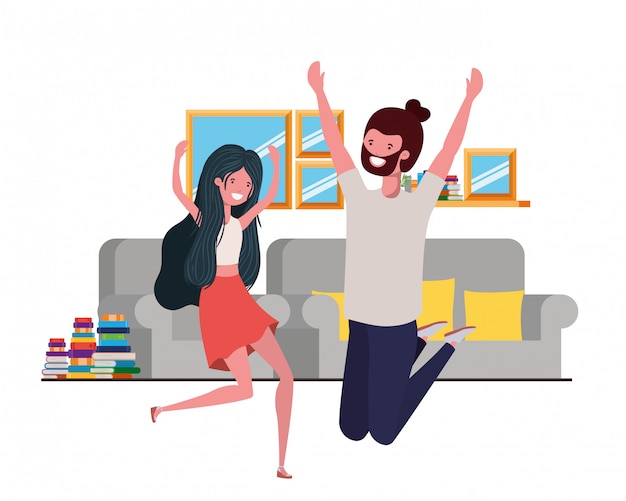 Vector young couple dancing in living room character