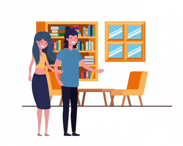 Vector young couple dancing in living room character