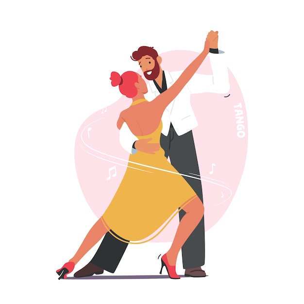 Vector young couple dancing tango male and female partners characters in perform dance on scene people active sparetime