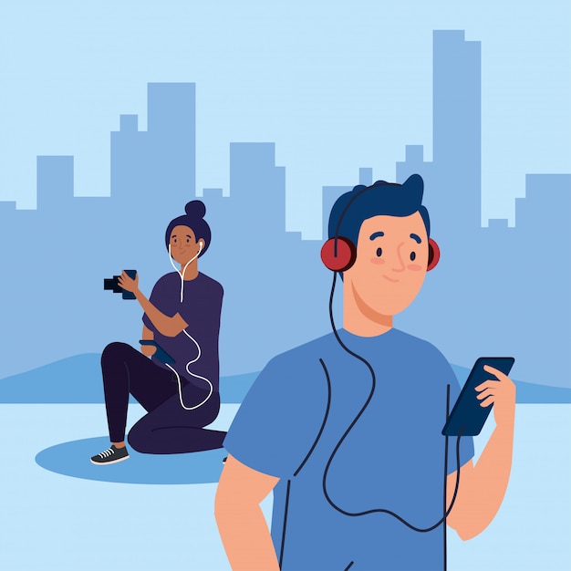 young couple doing activities outdoor illustration design