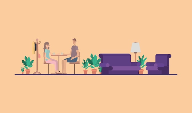 young couple drinking coffee on the house