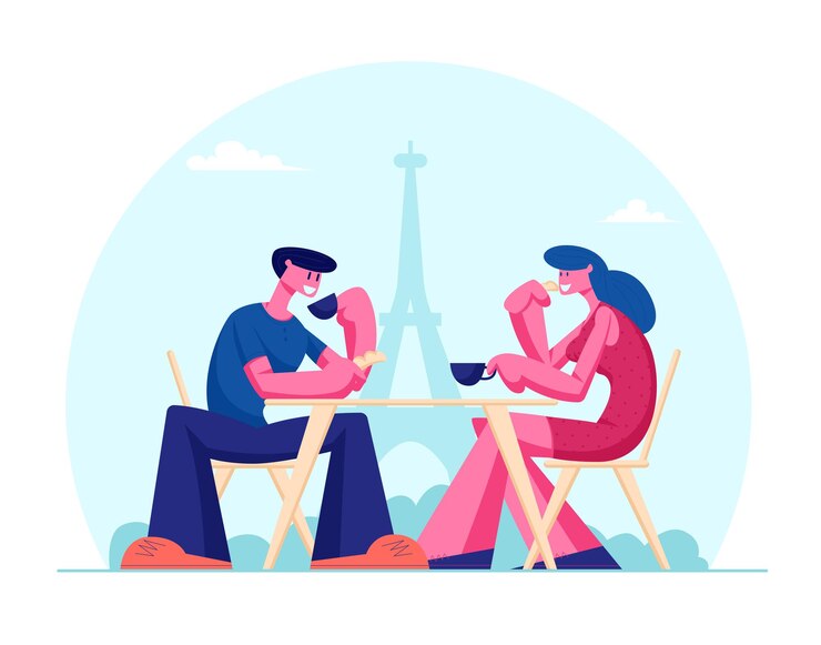 Vector young couple drinking coffee in outdoors cafe in paris with eiffel tower view. cartoon flat illustration
