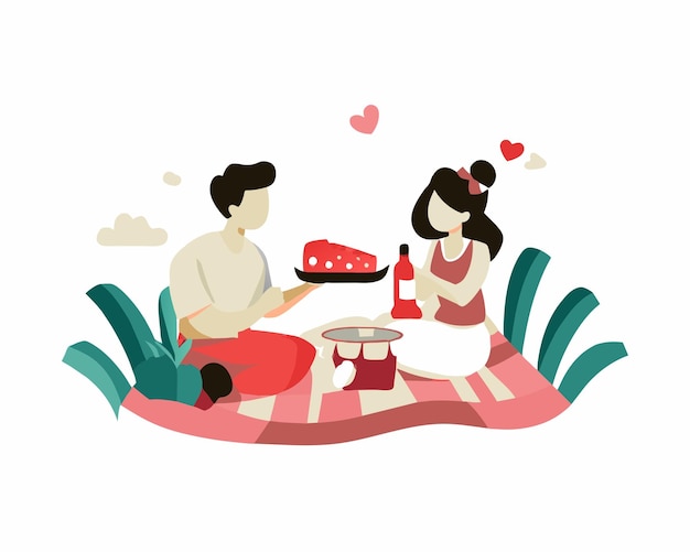 Вектор Молодая пара вместе наслаждается романтическим пикником в день святого валентина