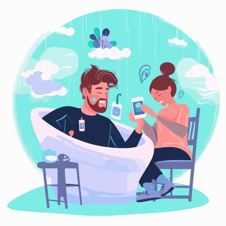 Vector young couple everyday hygiene rituals bathroom