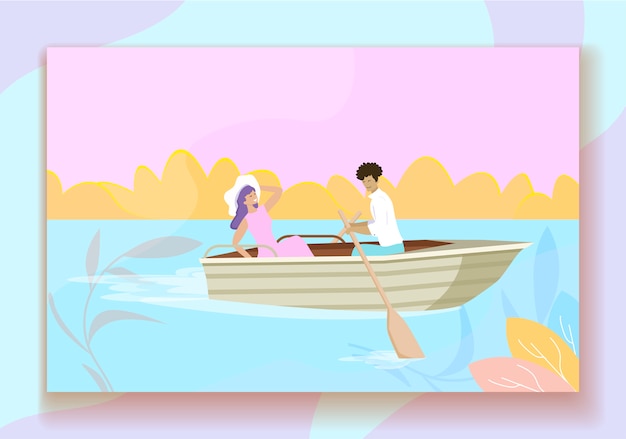 Young couple floating at boat with paddles in pond