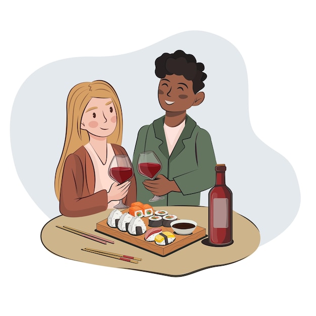Young couple friends a darkskinned guy and a blonde Slavic girl on a date meeting in a cafe restaurant eat sushi and drink wine nontraditional lgbt family flat vector stock isolated on white