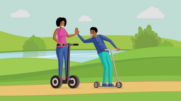 Young couple, friends riding scooters near river flat illustration. Friendship, entertainment, active leisure, rest together. Smiling man and woman on kick scooters cartoon characters