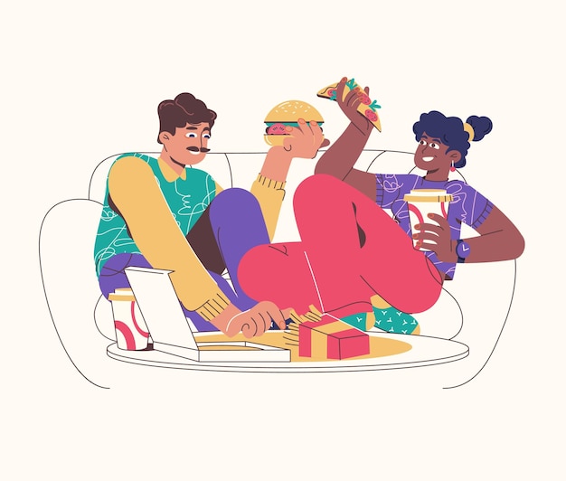 Vector young couple having lunch in living room food delivery