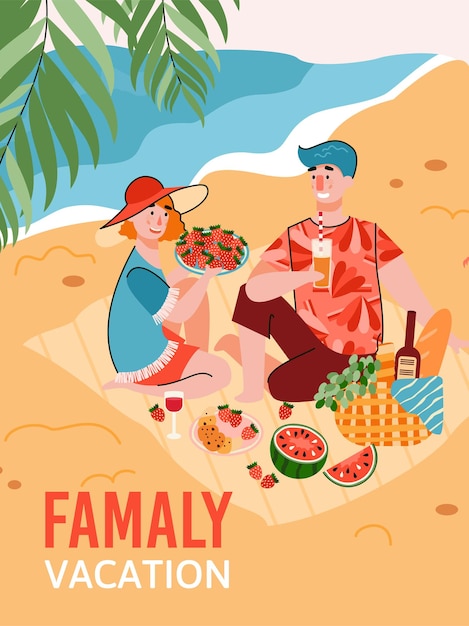 Young couple having a picnic on tropical sea beach