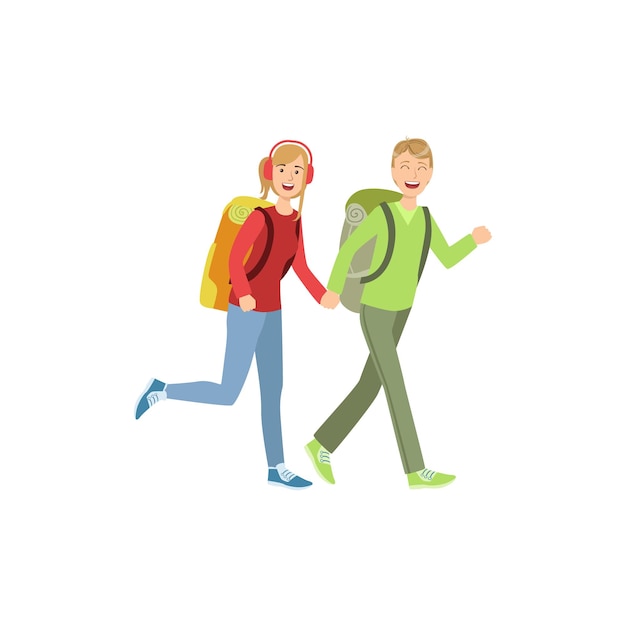 Vector young couple hiking holding hands