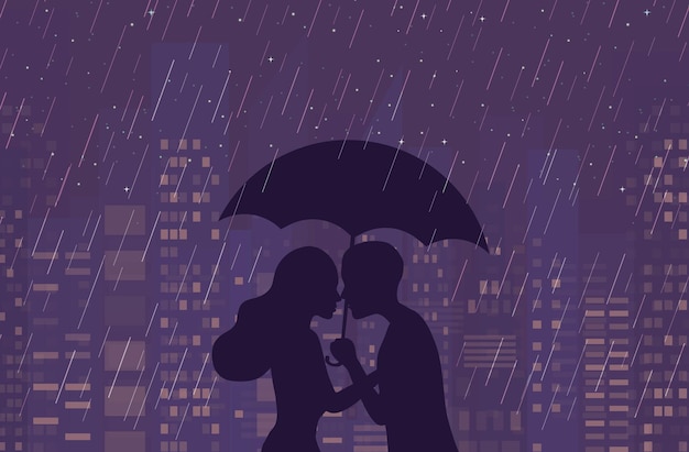 Young couple holding umbrella in rain in cityscape at night vector illustration. Love, romantic,