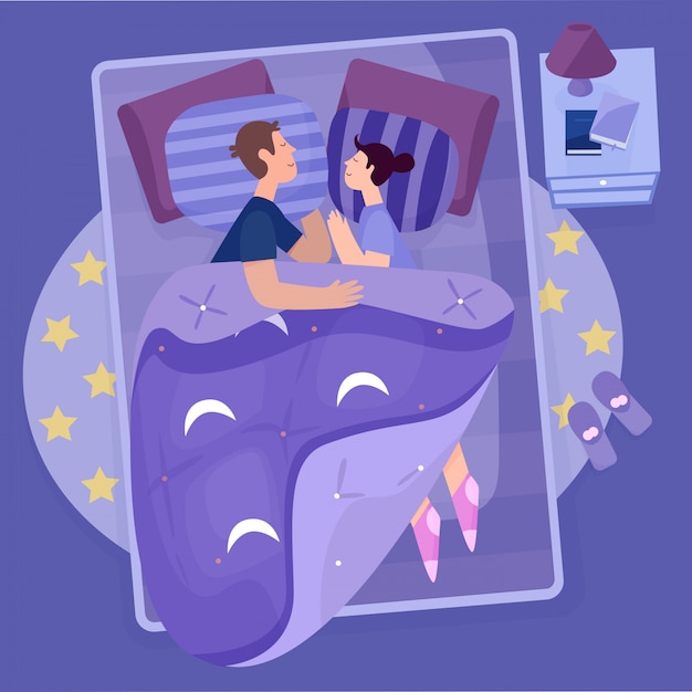 Vector young couple, husband and wife sleeping on bed in comfort bedroom.