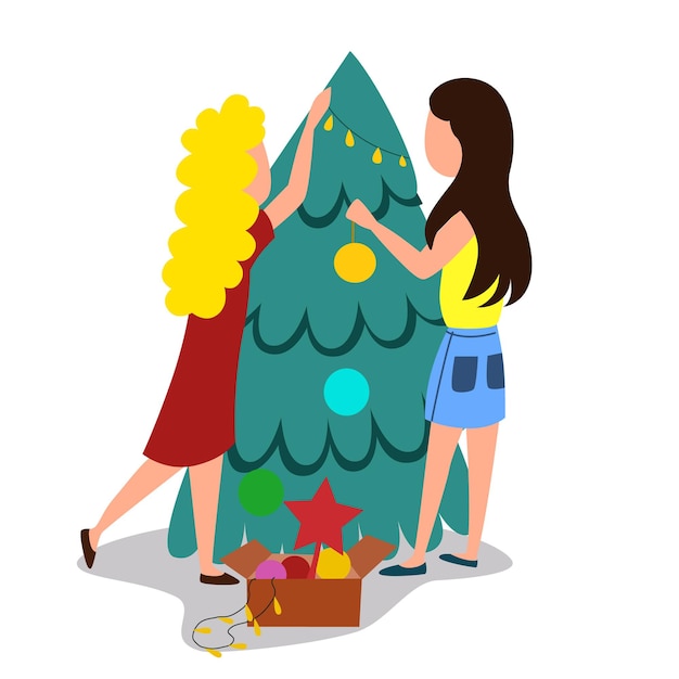 A young couple is decorating a Christmas tree