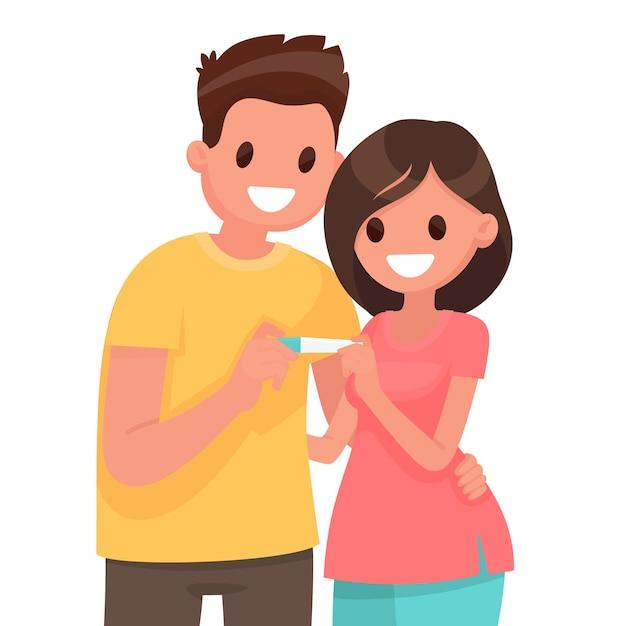 Vector young couple is happy about positive pregnancy test. in flat style