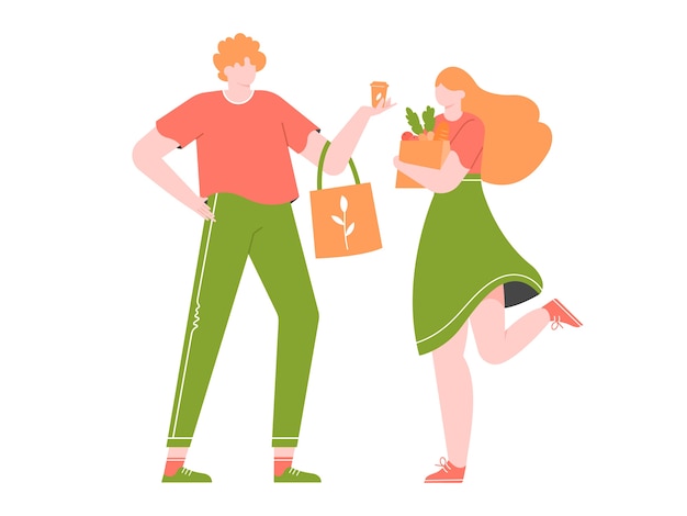 Vector young couple is shopping in a store without plastic.