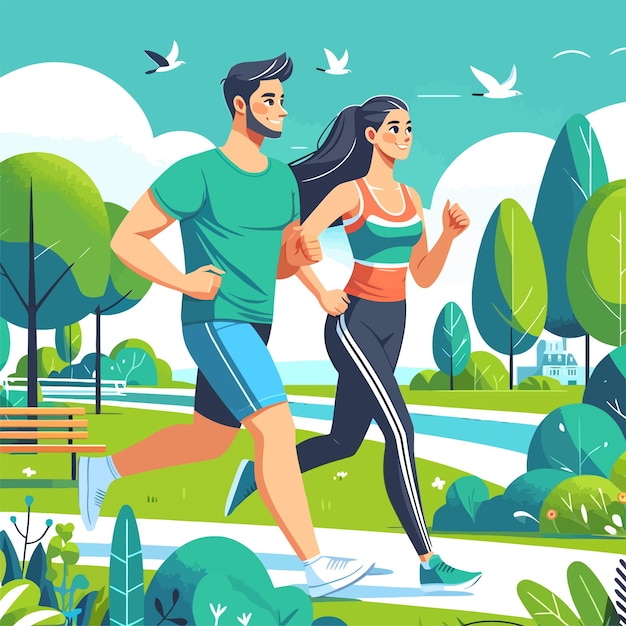 young couple jogging together in a park in flat design illustration