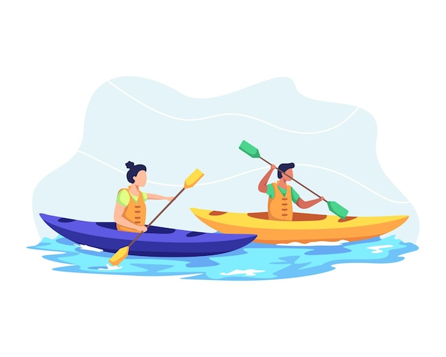 Vector young couple kayaking on lake together, kayaking sport competition. man and woman vacation, wild and water fun on summer.  in a flat style