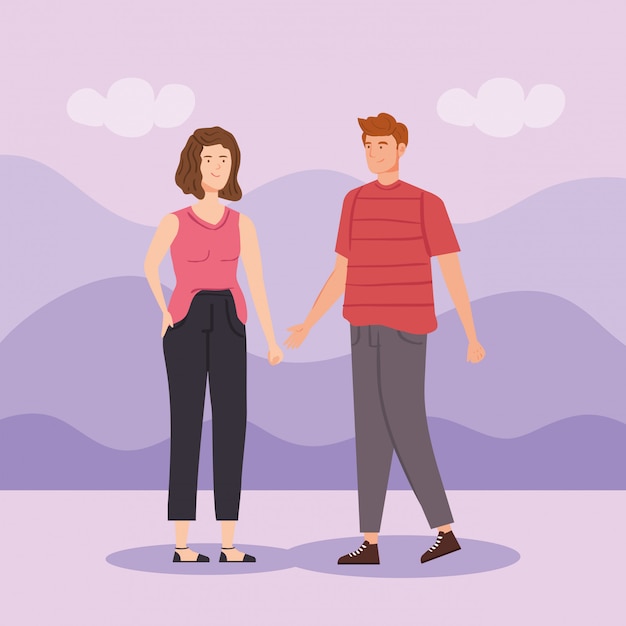 Vector young couple in landscape avatar characters