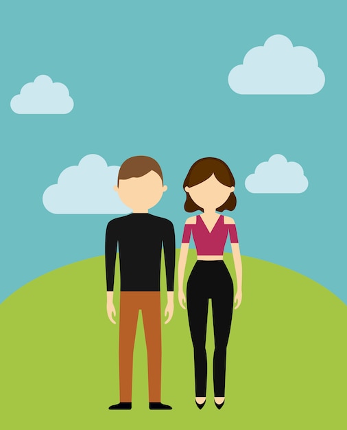 Vector young couple in landscape scene nature