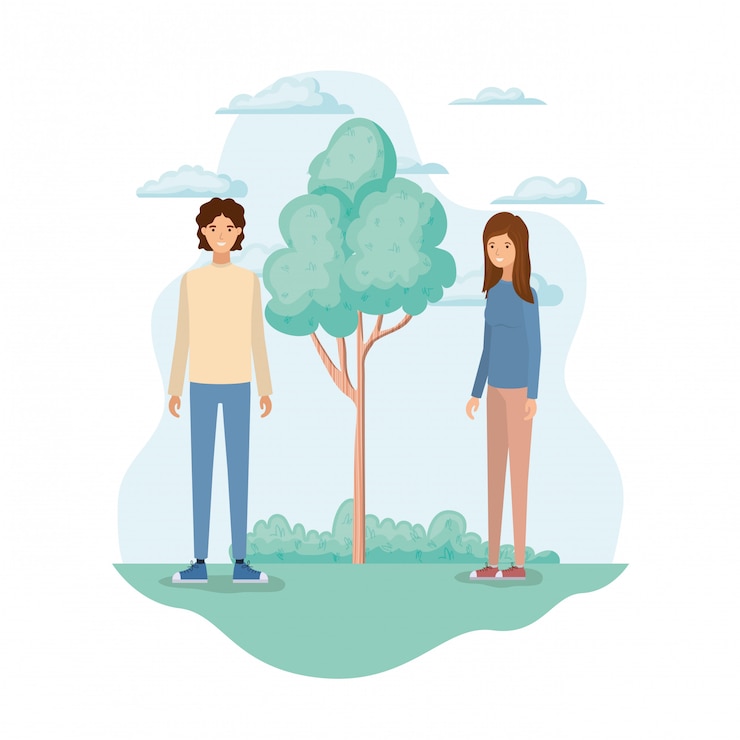 Vector young couple in landscape with trees and plants