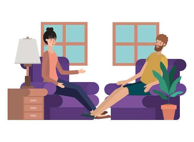 Vector young couple in the livingroom avatar character