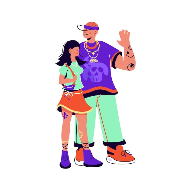 Young couple in love dressed in colorful clothes on white