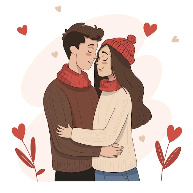 Young Couple in Love Embracing with Hearts
