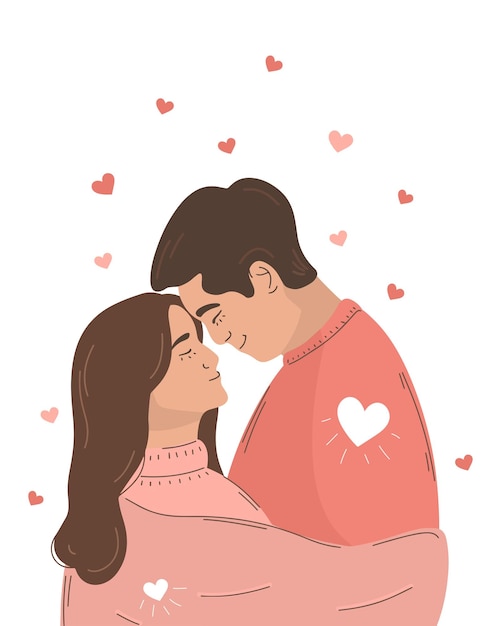 Young couple in love hugs Valentines Day postcard and illustration Man and woman Young couple