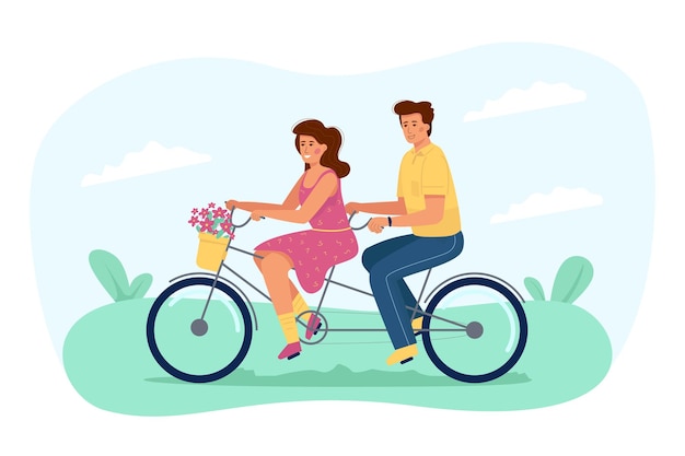 Vettore giovane coppia innamorata in sella a una bicicletta