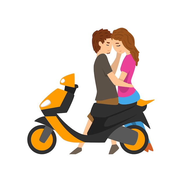 Young couple in love sitting on scooter and embracing vector illustration on a white background