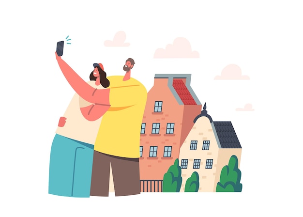 Giovani coppie che fanno selfie sul telefono davanti alla loro nuova casa o alla strada della città straniera. i personaggi di amici maschi e femmine felici scattano ritratti vicino agli edifici. cartoon persone illustrazione vettoriale