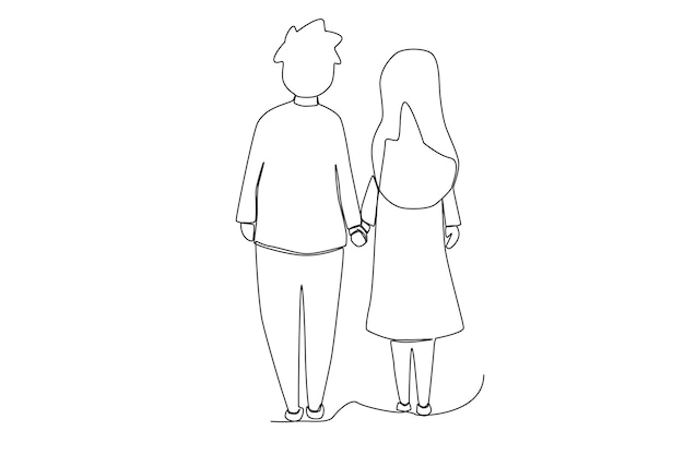 A young couple man and woman happily walking together from behind one line art