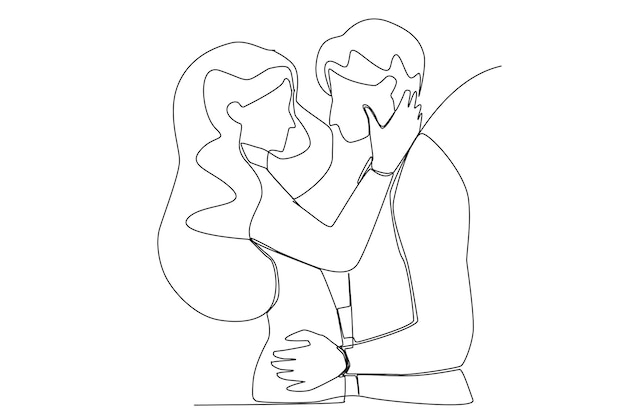 Young couple man and woman having a romantic moment one line art